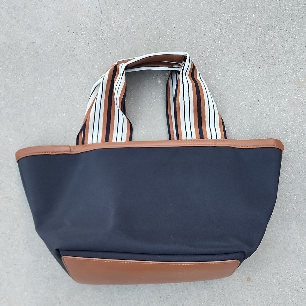 Tuckernuck Blue & Brown Striped Handle Small Tote Bag Structured Classic - Picture 3 of 7